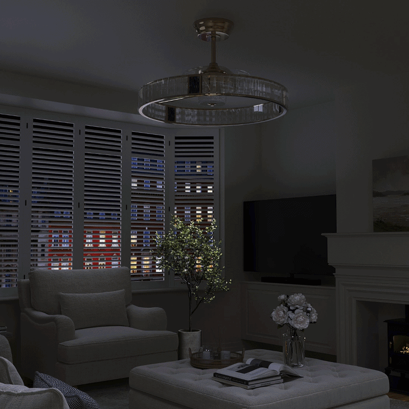 Gold crystal ceiling fan light showing remote-controlled fan and lighting functions
