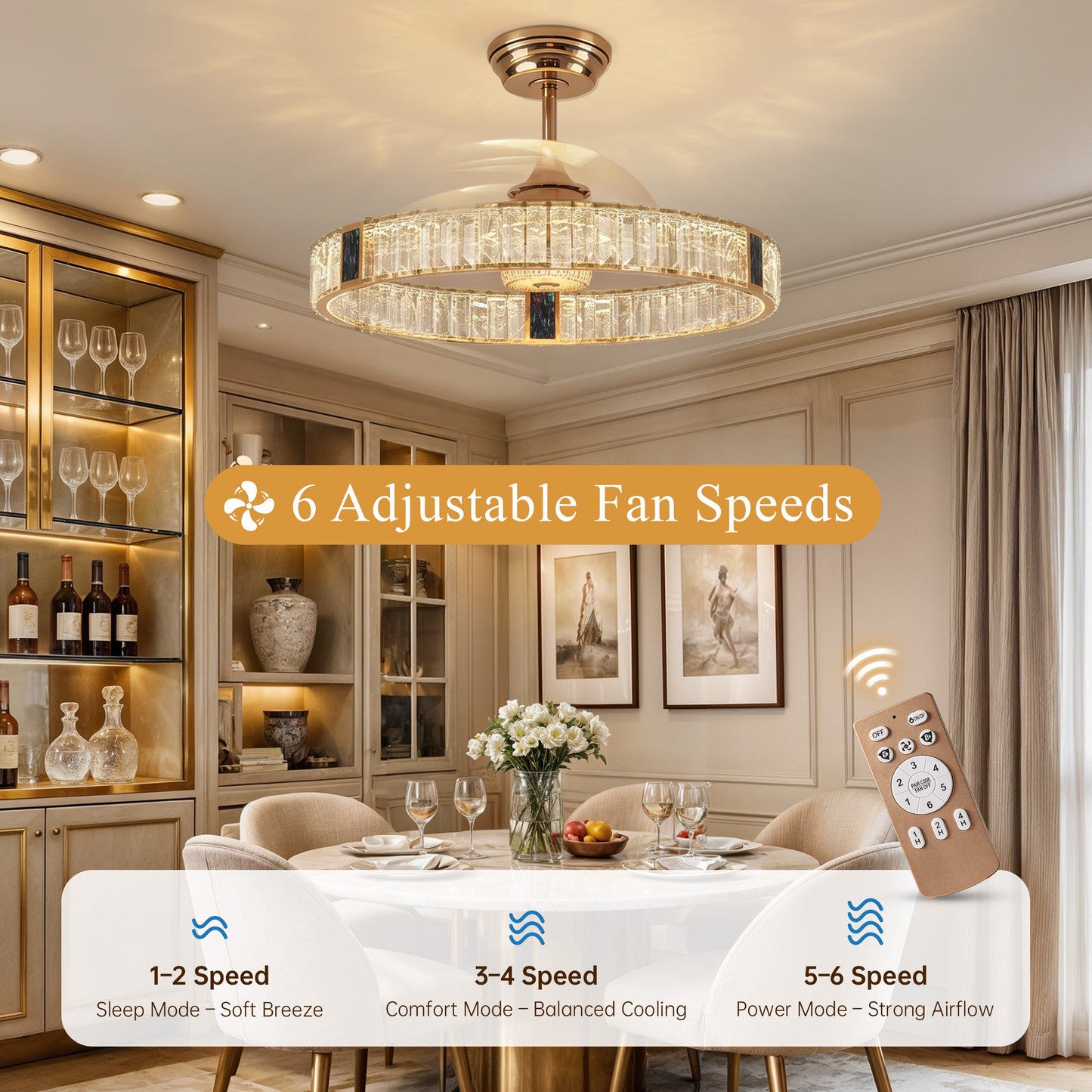 Close-up of gold crystal ceiling fan light with decorative chandelier finish