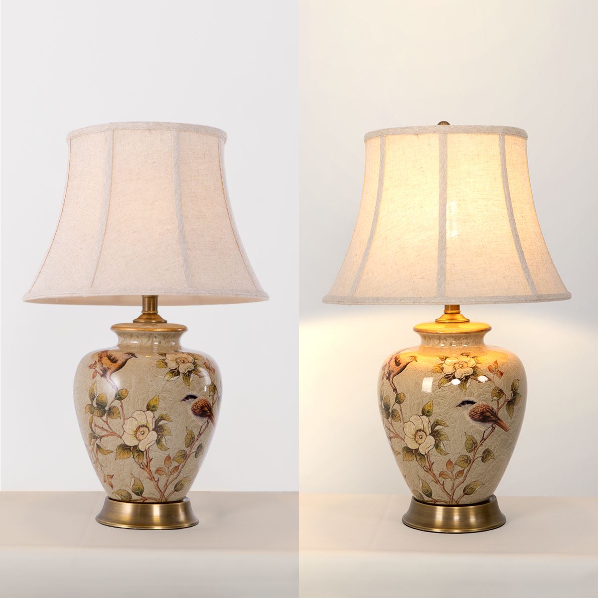 Vintage Ceramic Bird-Pattern Table Lamp with Fabric Shade Lightsin UK