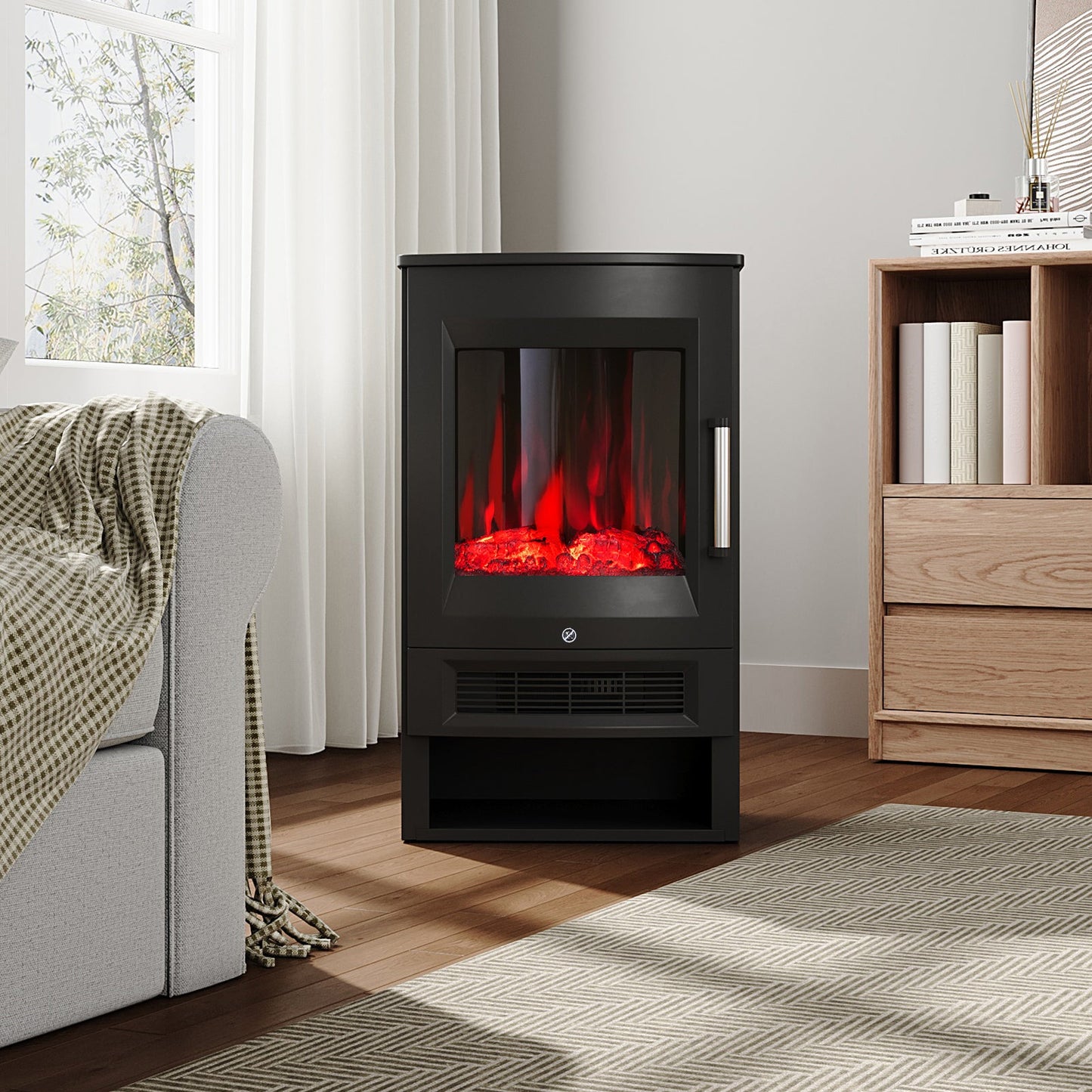 Smallbee 3-Sided Freestanding Electric Fireplace with Remote Control – Black, 900/1800W, Adjustable LED Flame & Temperature