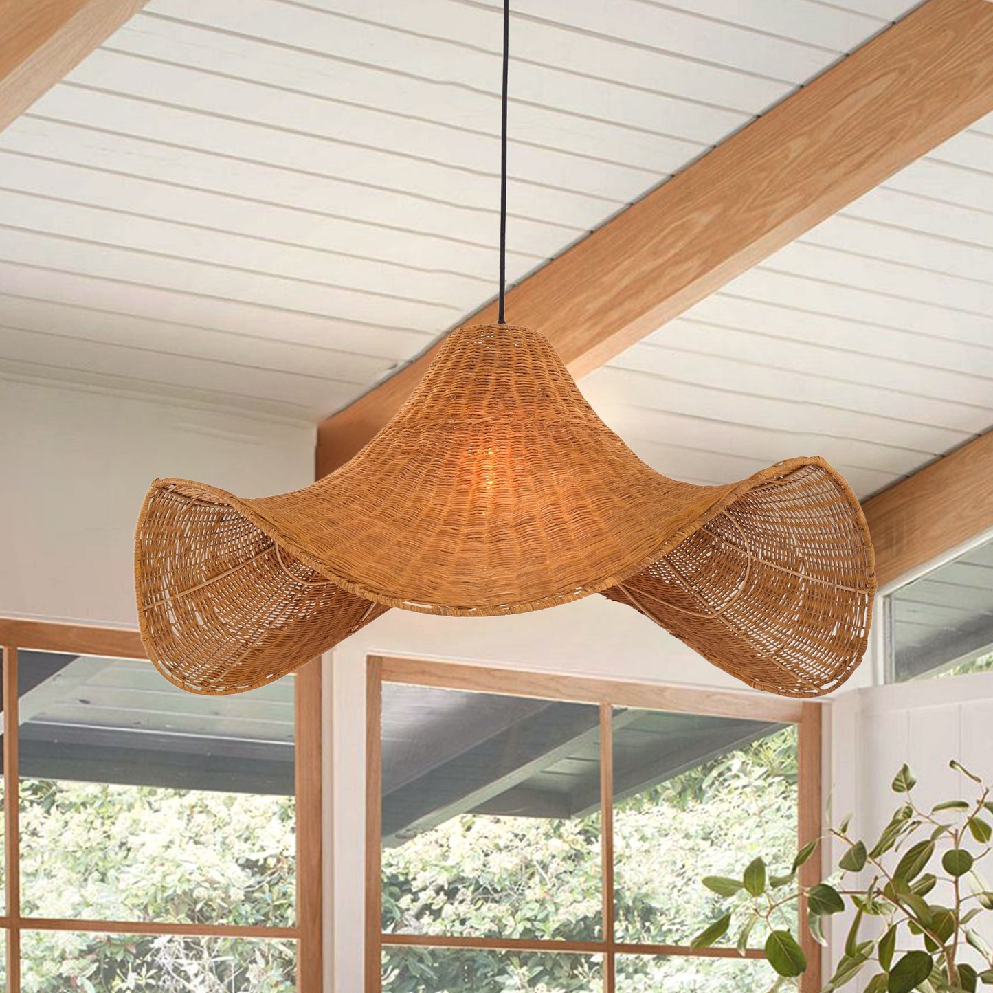 Lightsin Natural & White Hat-Shaped Handwoven Rattan Pendant Light Lightsin UK Natural