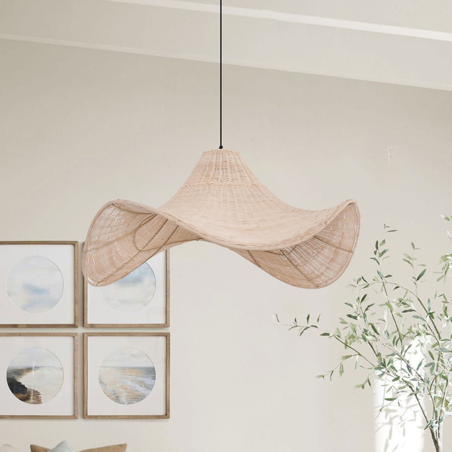Lightsin Natural & White Hat-Shaped Handwoven Rattan Pendant Light Lightsin UK