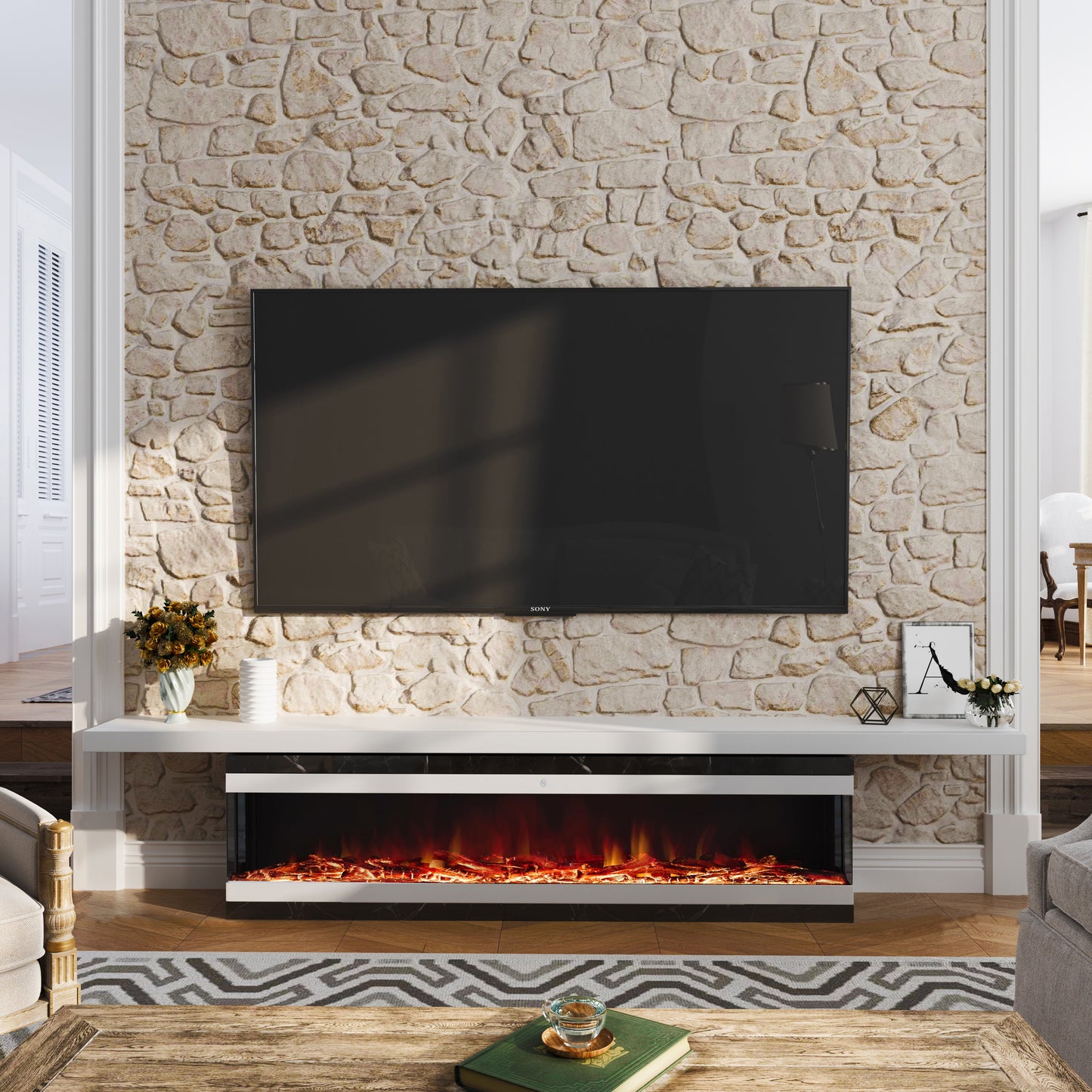 Smallbee 42/48/56/72inch 3-Sided Black/White Electric Fireplace with Remote Control, WiFi Function, Adjustable LED Flames and Heating Modes