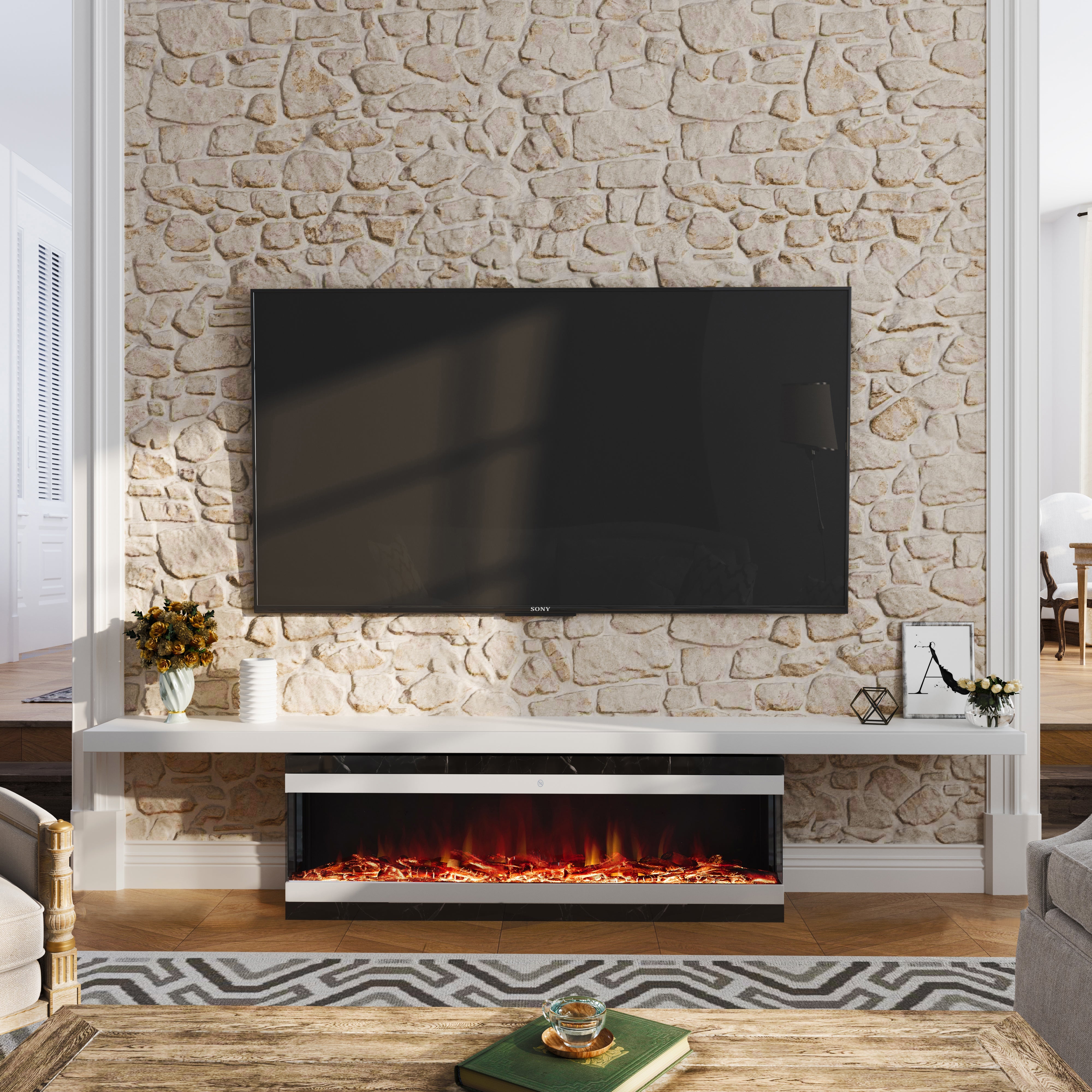 Smallbee 42/48/56/72inch 3-Sided Black/White Electric Fireplace with Remote Control, WiFi Function, Adjustable LED Flames and Heating Modes