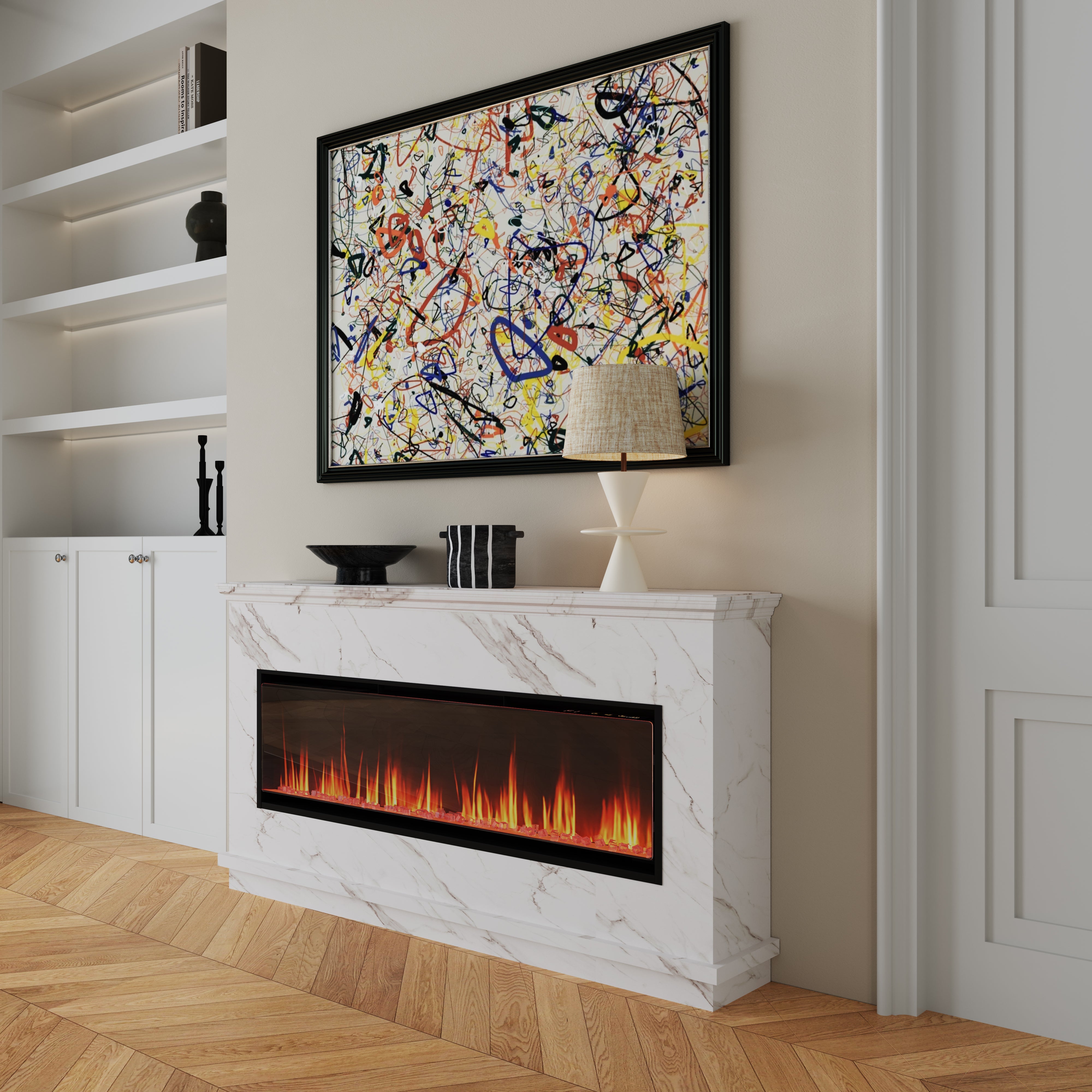 Smallbee 40/50/60inch Black Wall Mounted & Recessed Electric Fireplace with Adjustable Flame & Brightness