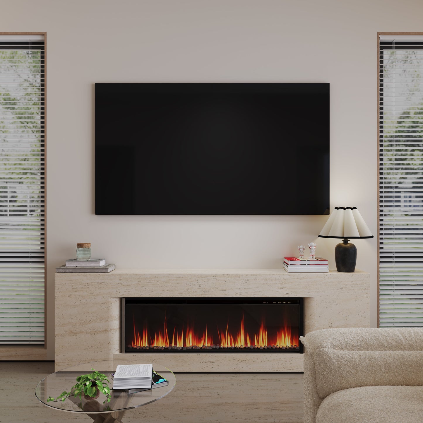 Smallbee 40/50/60inch Black Wall Mounted & Recessed Electric Fireplace with Adjustable Flame & Brightness
