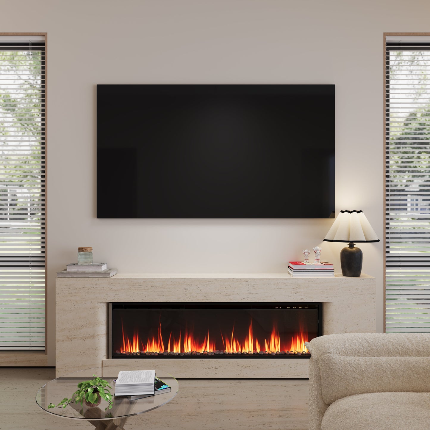 Smallbee 40/50/60inch Black Wall Mounted & Recessed Electric Fireplace with Adjustable Flame & Brightness