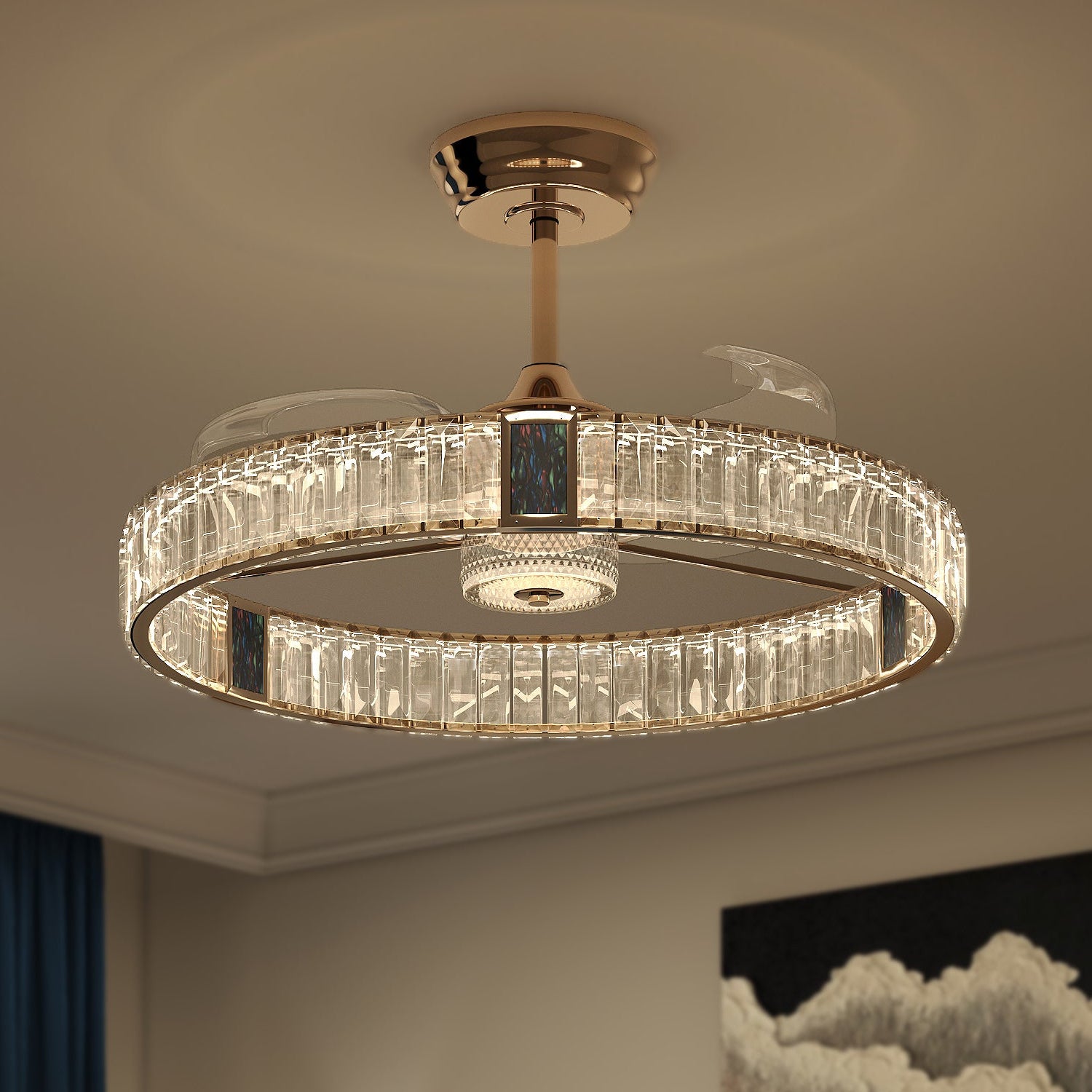 Quiet gold crystal ceiling fan with light, remote control and 6-speed airflow