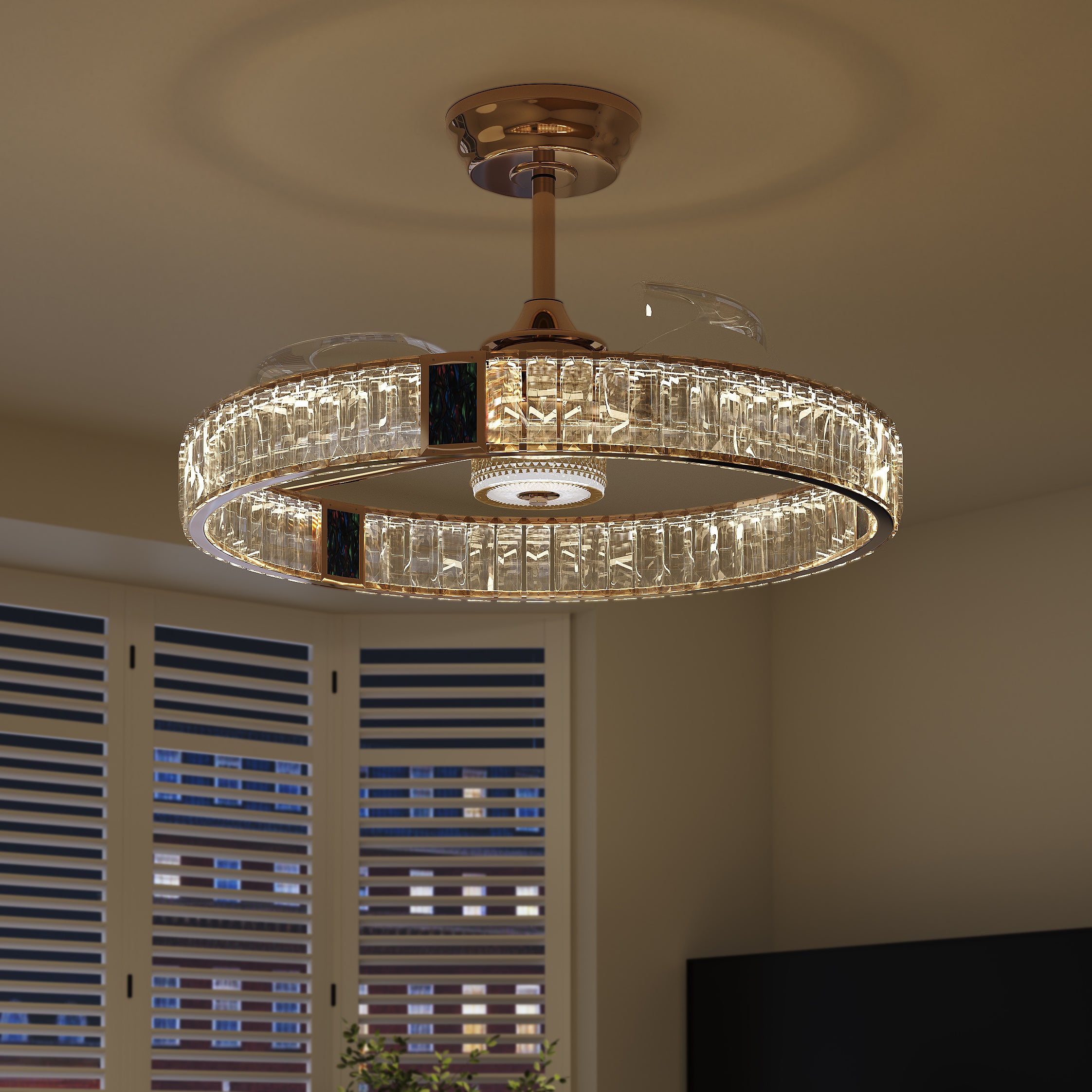 Compact gold crystal fan light with remote control and LED lighting