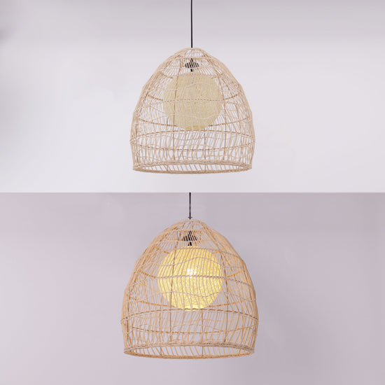 Close-up of handwoven rattan shade ribs and natural woven texture