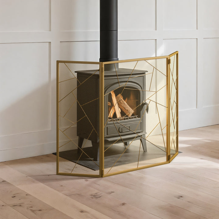Smallbee Triple-Fold Iron Fireplace Screen Gold Frame – 132x1x80cm