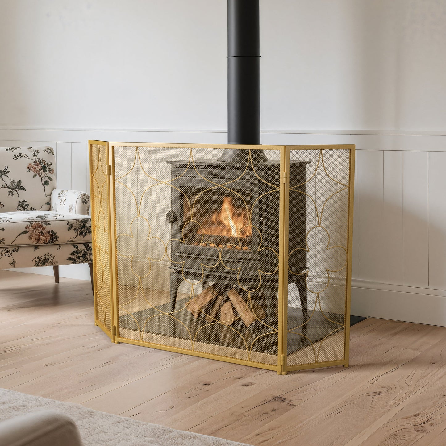 Smallbee Iron Fireplace Screen Gold Powder Coated – 122x2.3x77.5cm