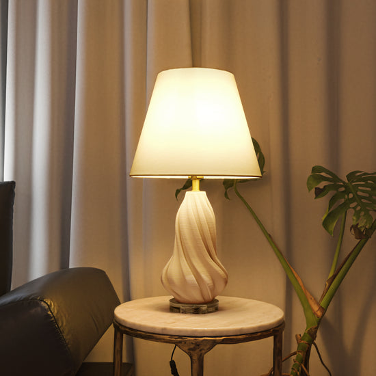 3D Pure White Ceramic Spiral Vase Table Lamp with Fabric Shade