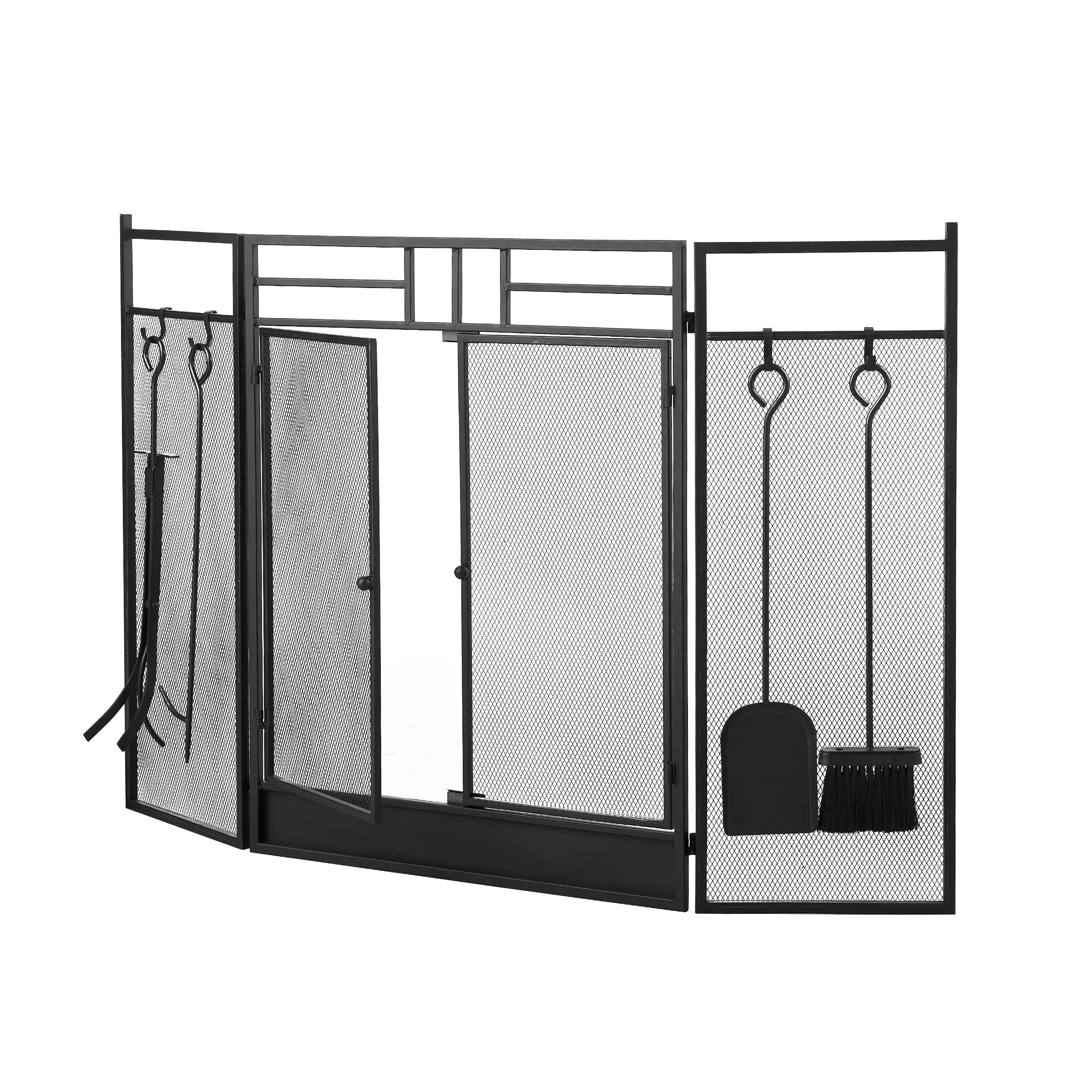 Smallbee Iron Fireplace Screen with 4-Piece Tool Set Black Powder Coated – 122x1.3x80cm