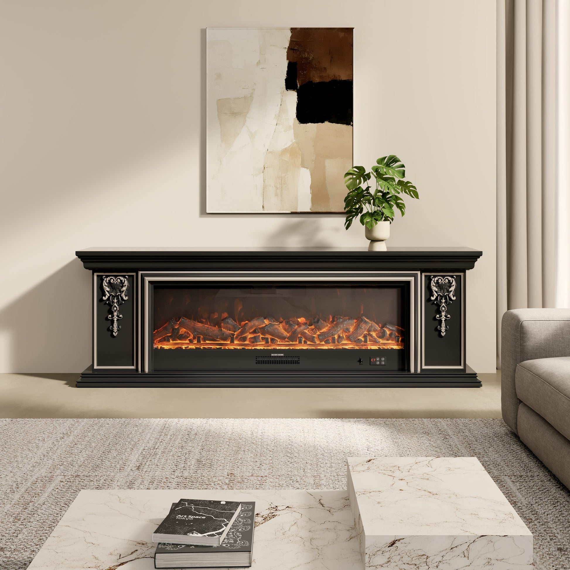 Smallbee Black Gold Trim TV Cabinet Electric Fireplace with WiFi, APP & Flame Sound