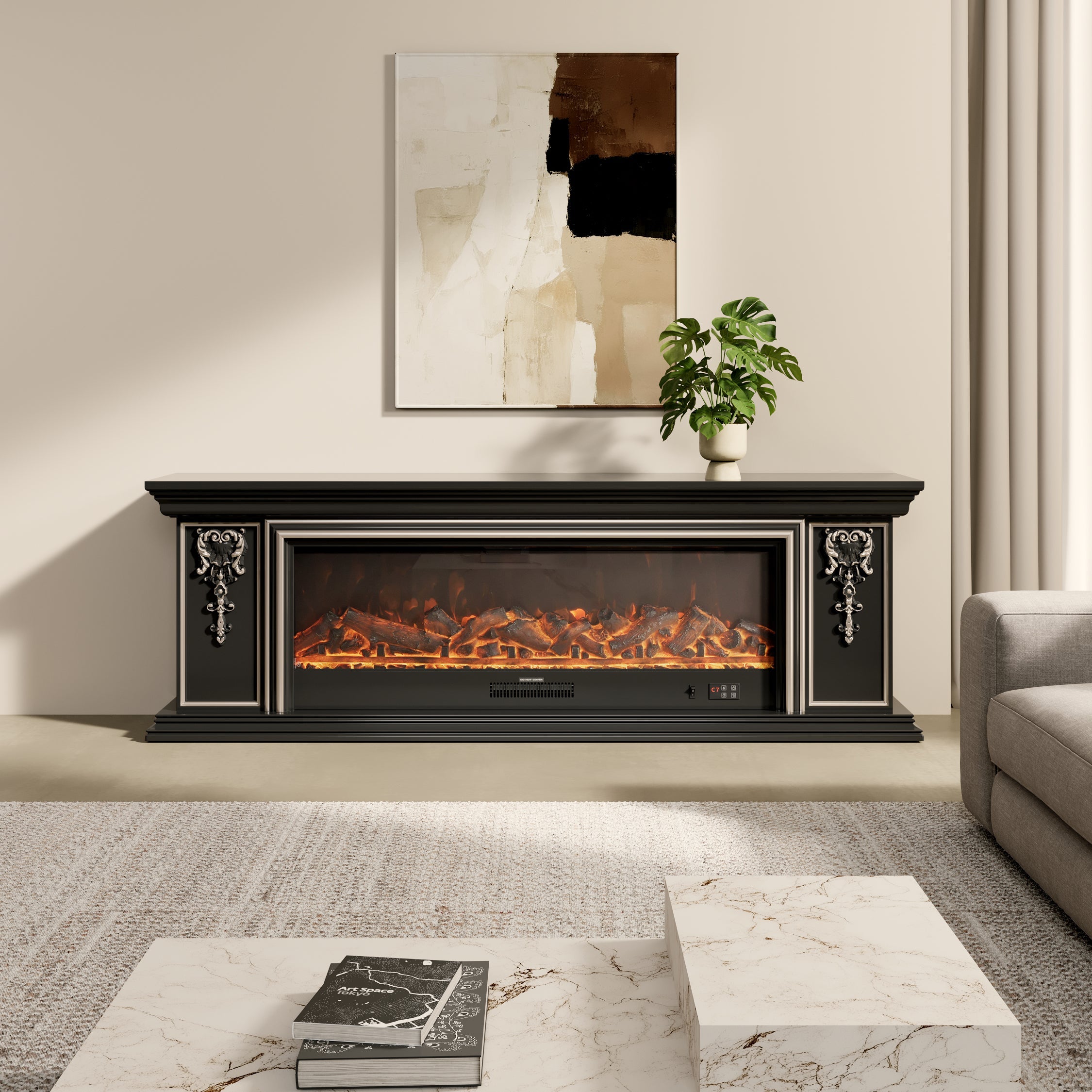 Smallbee Black Gold Trim TV Cabinet Electric Fireplace with WiFi, APP & Flame Sound