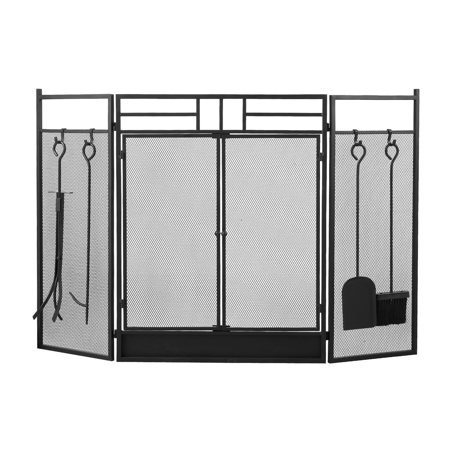 Smallbee Iron Fireplace Screen with 4-Piece Tool Set Black Powder Coated – 122x1.3x80cm