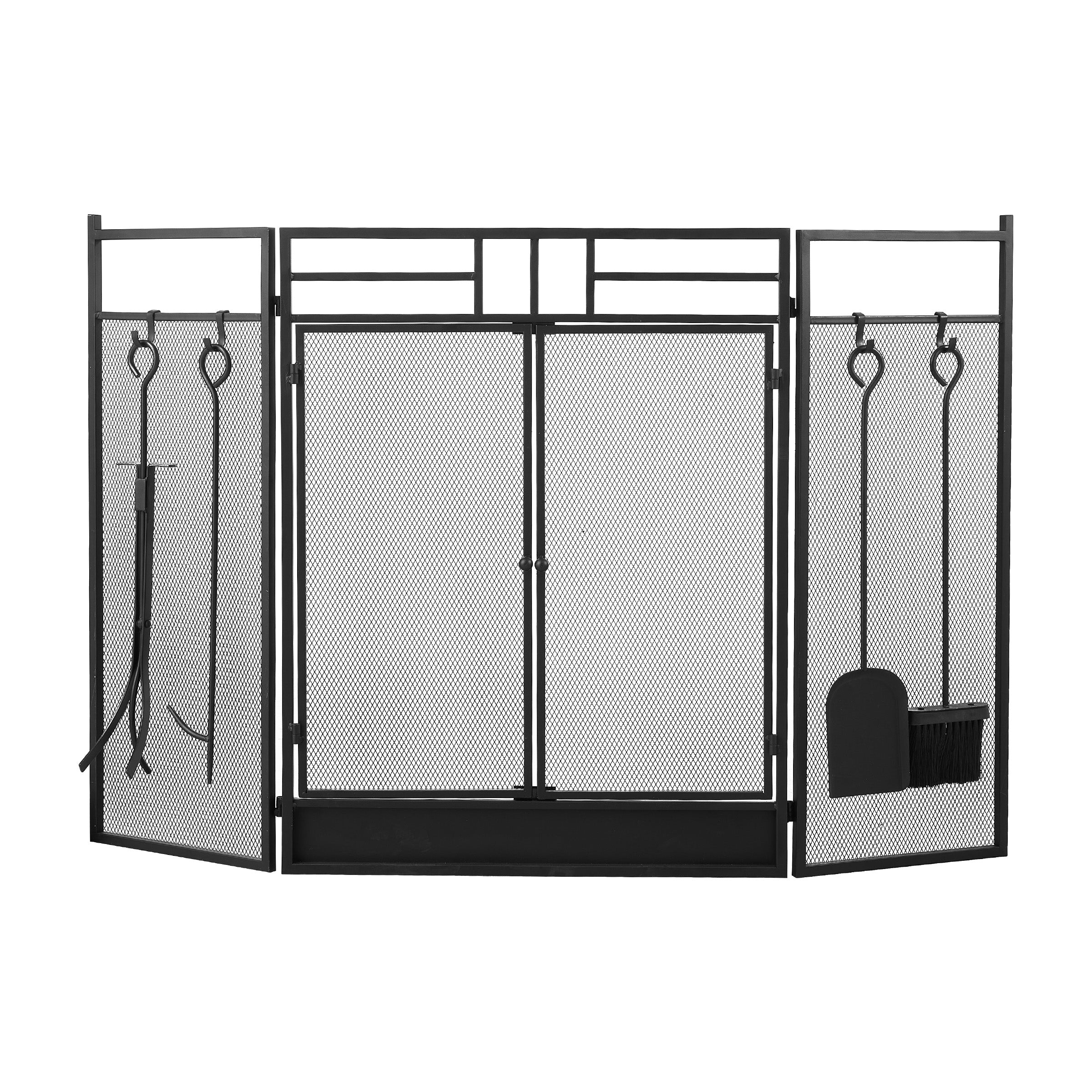 Smallbee Iron Fireplace Screen with 4-Piece Tool Set Black Powder Coated – 122x1.3x80cm