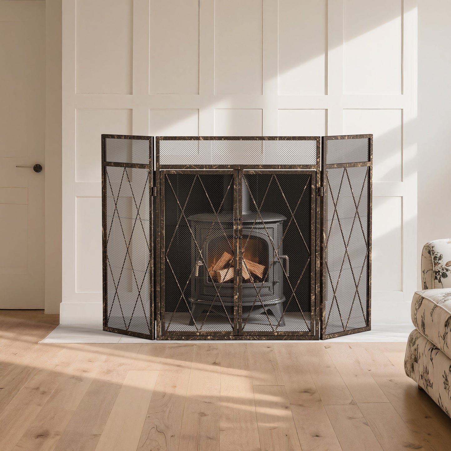 Smallbee Triple-Fold Iron Fireplace Screen Antique Copper Powder Coated – 127x13x81cm