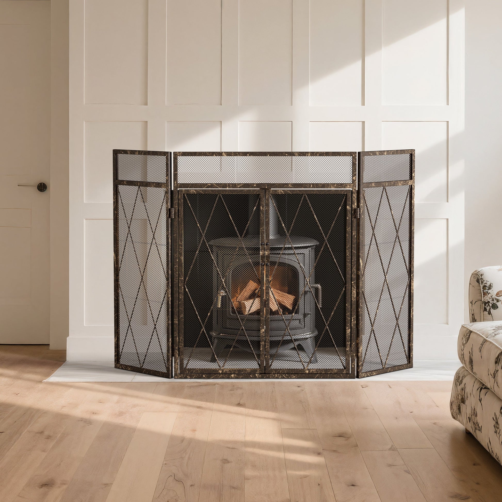 Smallbee Triple-Fold Iron Fireplace Screen Antique Copper Powder Coated – 127x13x81cm
