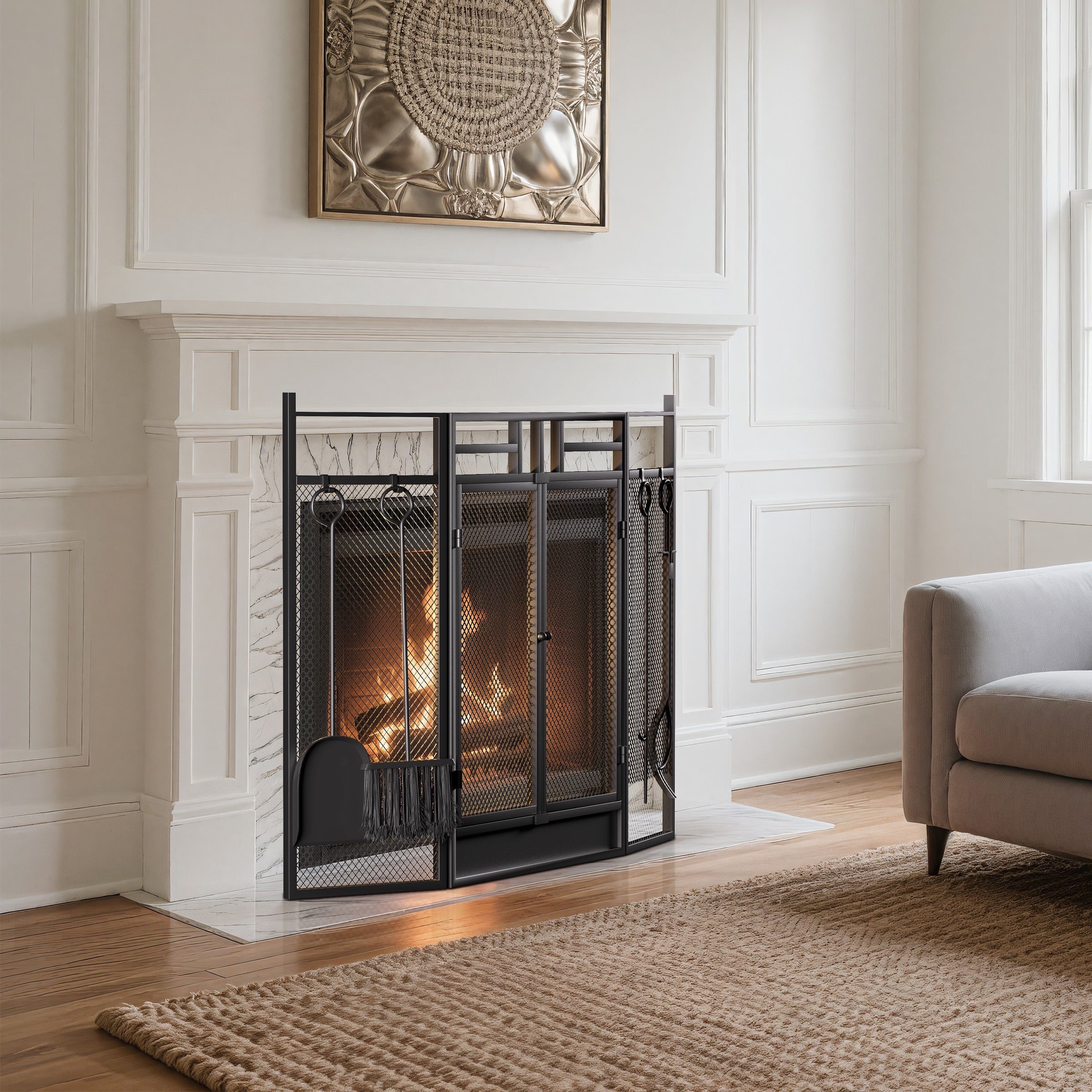 Smallbee Iron Fireplace Screen with 4-Piece Tool Set Black Powder Coated – 122x1.3x80cm