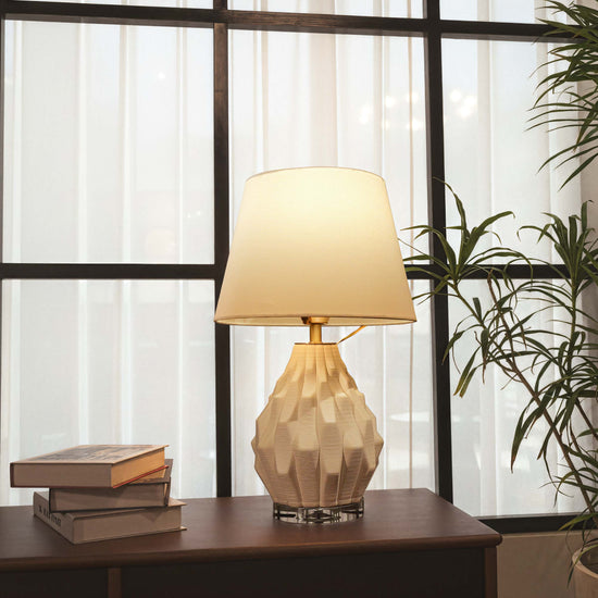 3D Pure White Polygonal Textured Ceramic Table Lamp with Fabric Shade