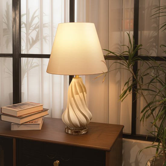 3D Pure White Ceramic Spiral Vase Table Lamp with Fabric Shade
