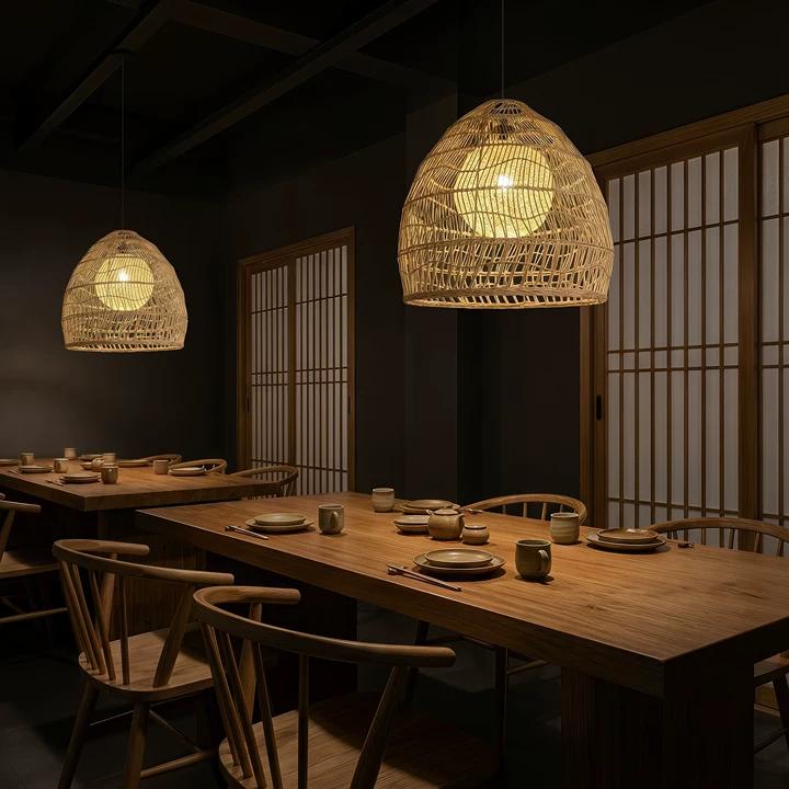60cm rattan pendant light with yellow inner sphere above a dining table