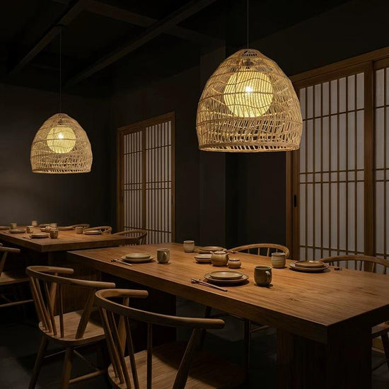 60cm rattan pendant light with yellow inner sphere above a dining table