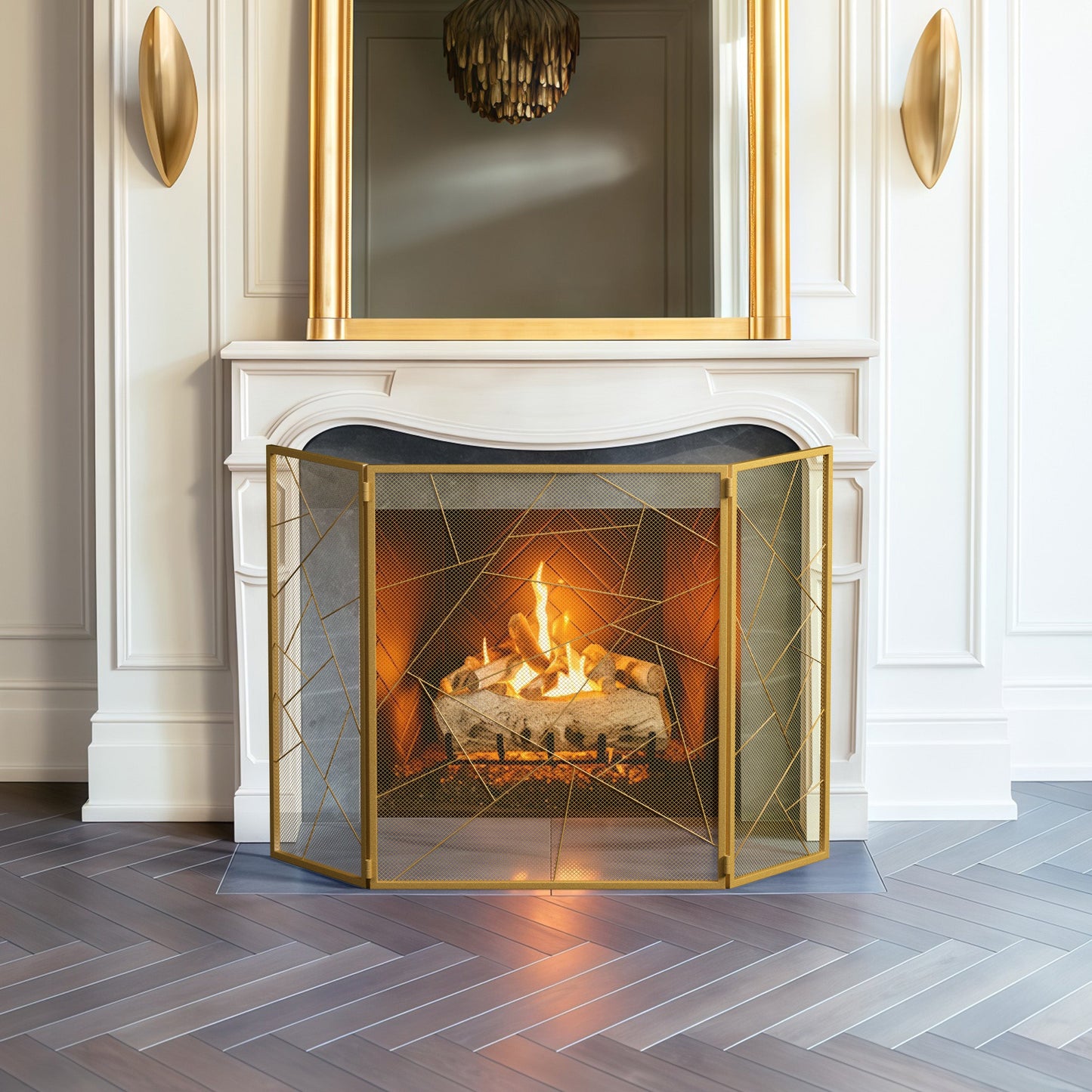 Smallbee Triple-Fold Iron Fireplace Screen Gold Frame – 132x1x80cm