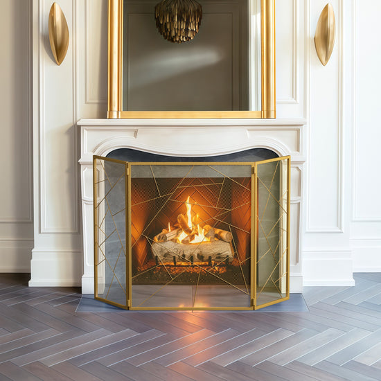 Smallbee Triple-Fold Iron Fireplace Screen Gold Frame – 132x1x80cm