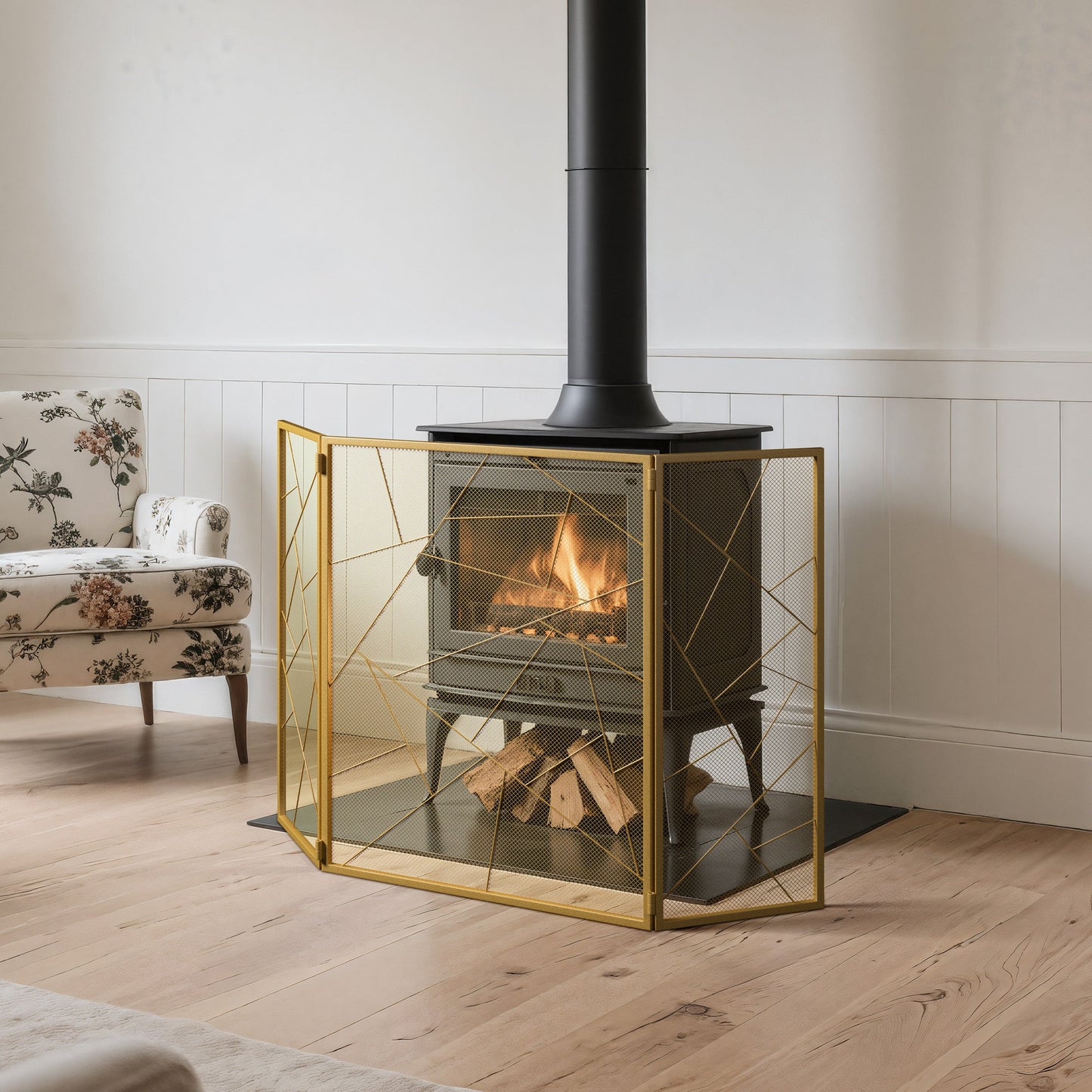 Smallbee Triple-Fold Iron Fireplace Screen Gold Frame – 132x1x80cm