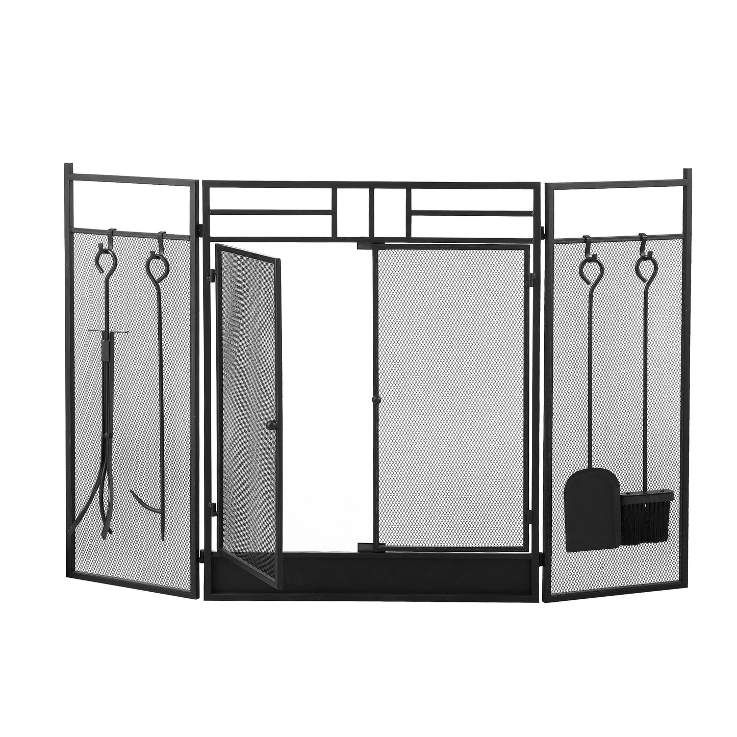 Smallbee Iron Fireplace Screen with 4-Piece Tool Set Black Powder Coated – 122x1.3x80cm