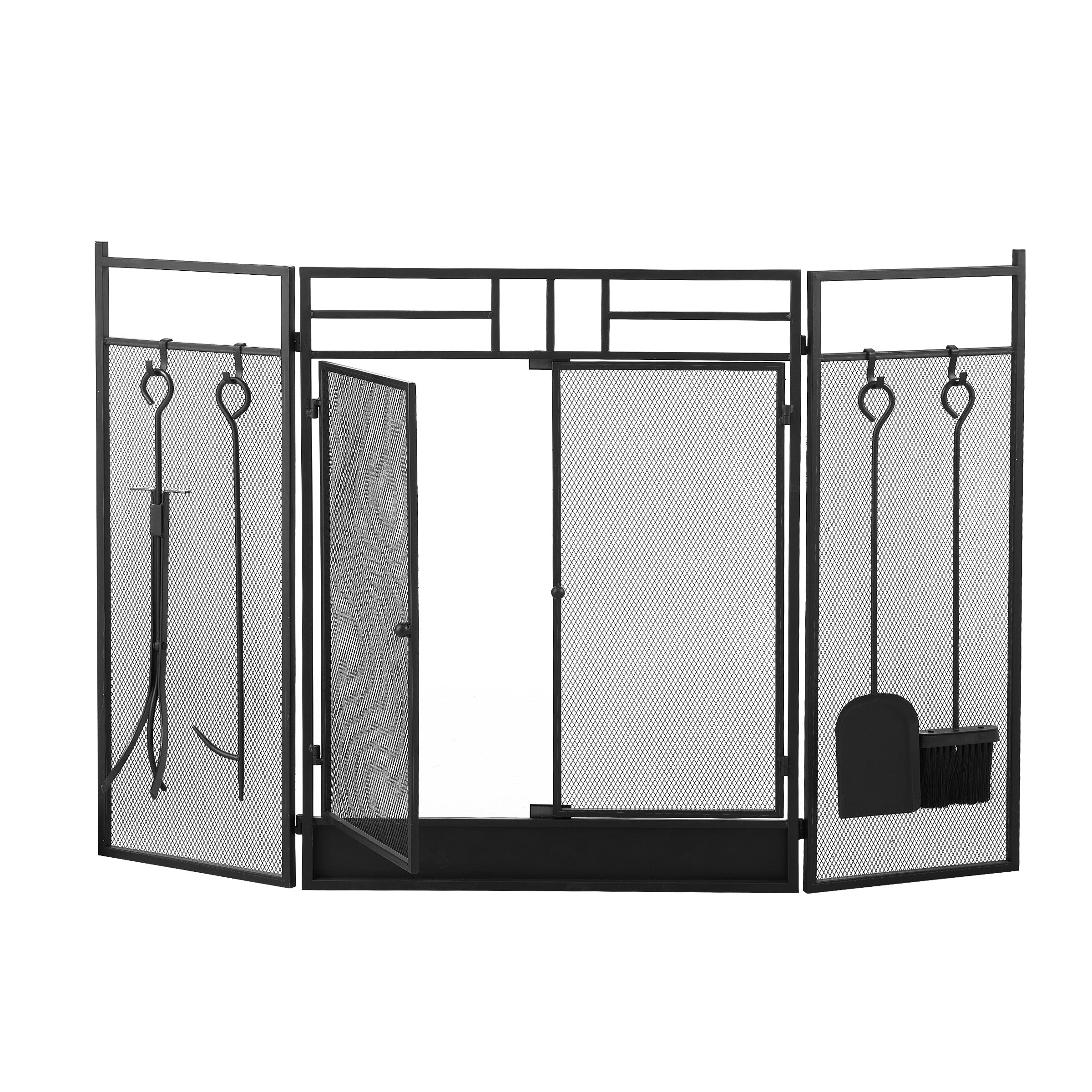 Smallbee Iron Fireplace Screen with 4-Piece Tool Set Black Powder Coated – 122x1.3x80cm