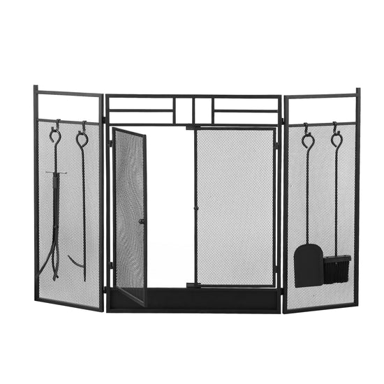 Smallbee Iron Fireplace Screen with 4-Piece Tool Set Black Powder Coated – 122x1.3x80cm