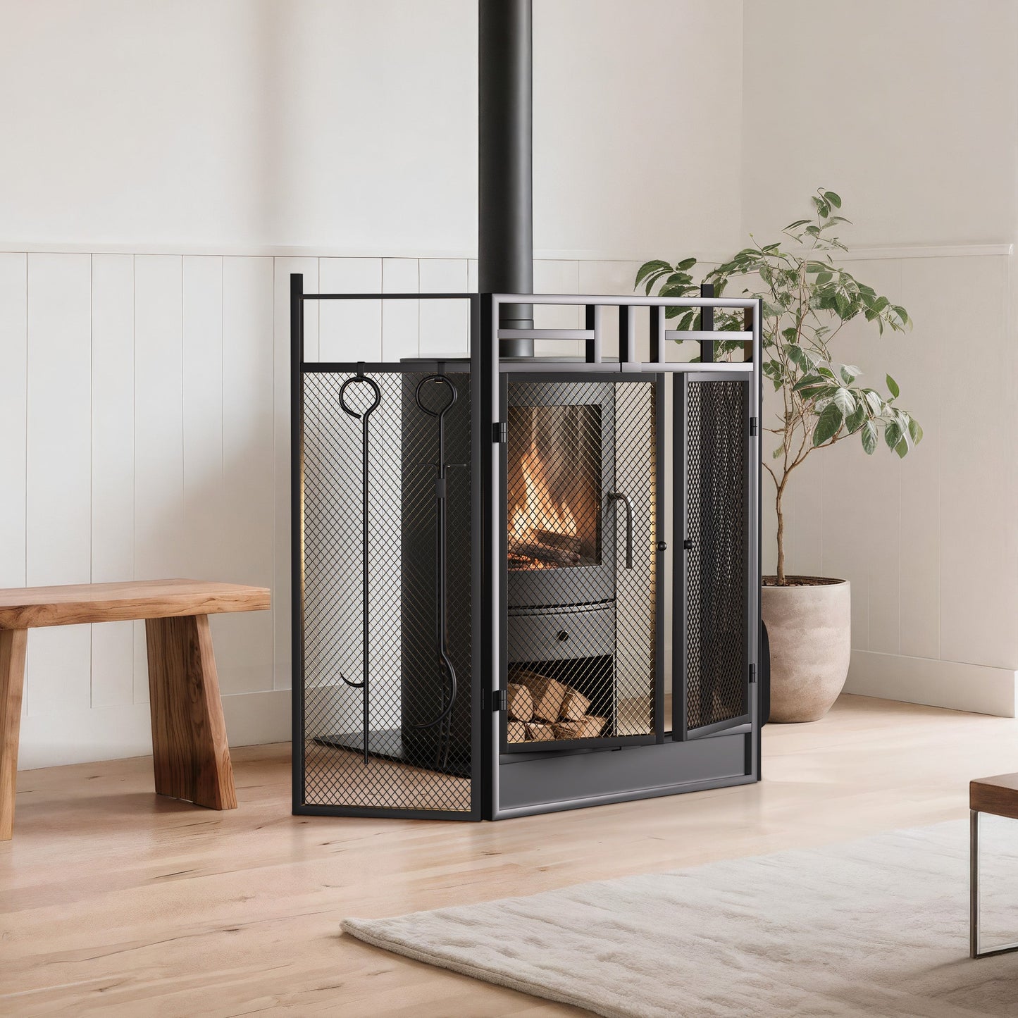 Smallbee Iron Fireplace Screen with 4-Piece Tool Set Black Powder Coated – 122x1.3x80cm