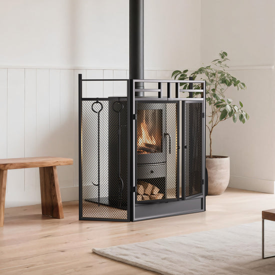 Smallbee Iron Fireplace Screen with 4-Piece Tool Set Black Powder Coated – 122x1.3x80cm