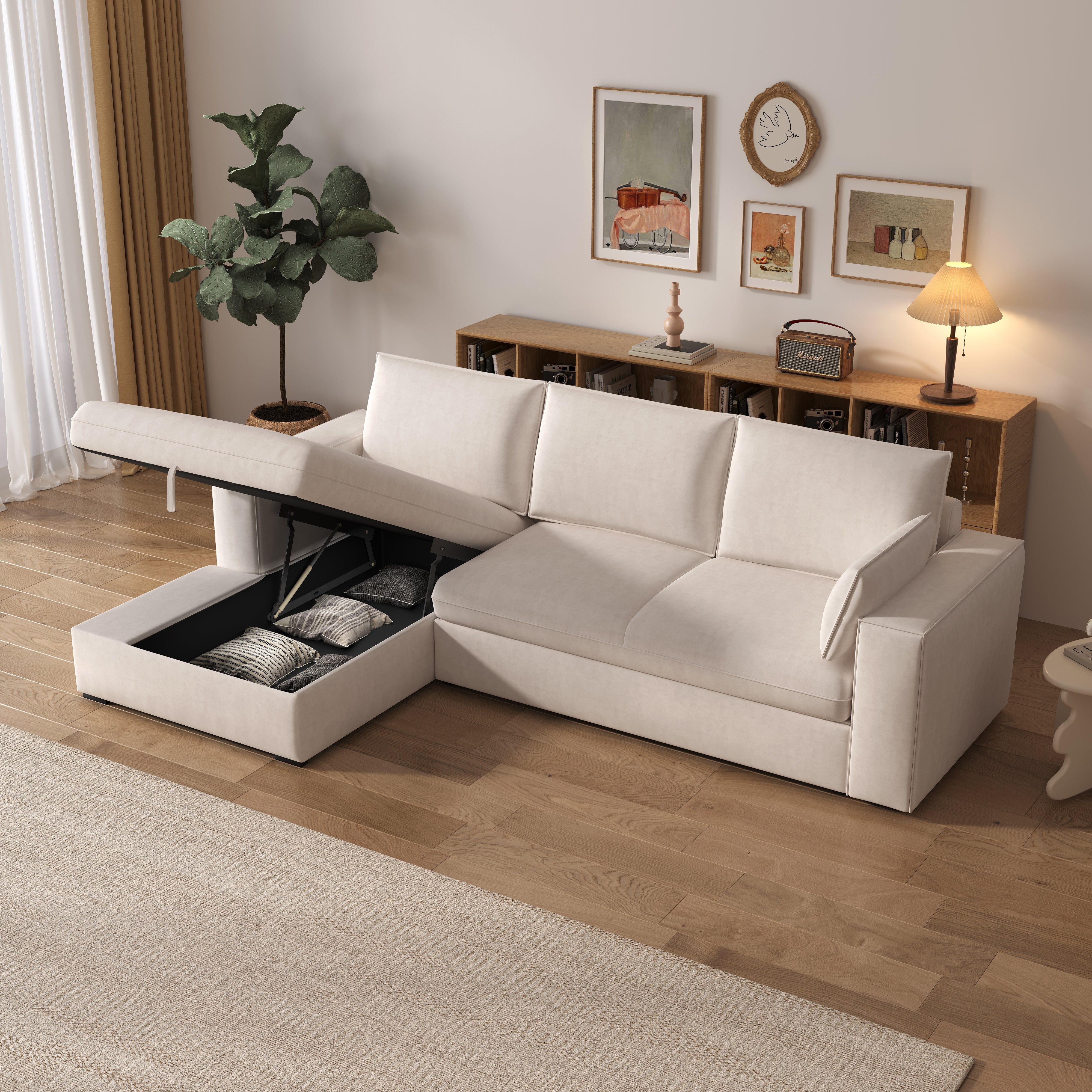 Cottonfy Creamy Tofu Block Pullout Sofa Bed with Storage