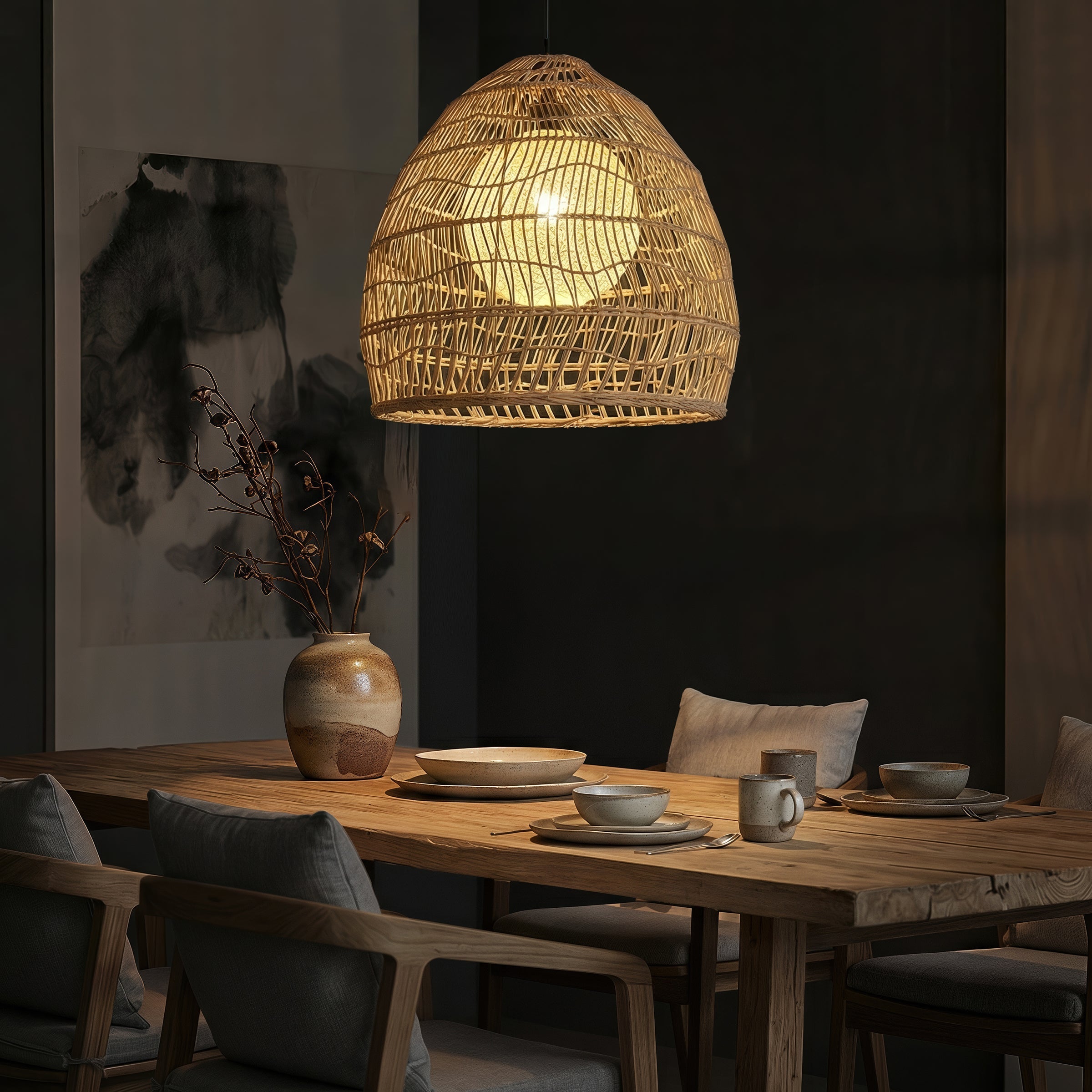 50cm rattan pendant light with yellow inner sphere above a dining table