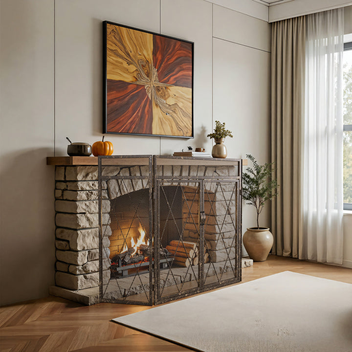 Smallbee Triple-Fold Iron Fireplace Screen Antique Copper Powder Coated – 127x13x81cm