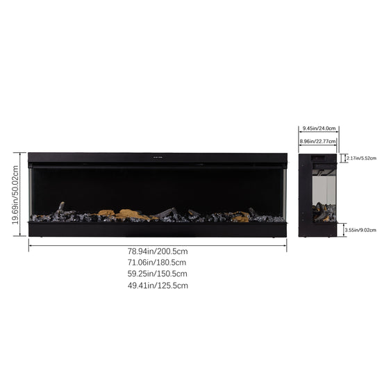 Smallbee 50/60/70/80inch 3-sided Electric Fireplace with Adjustable Color, Temperature and Timing, Controlled by APP