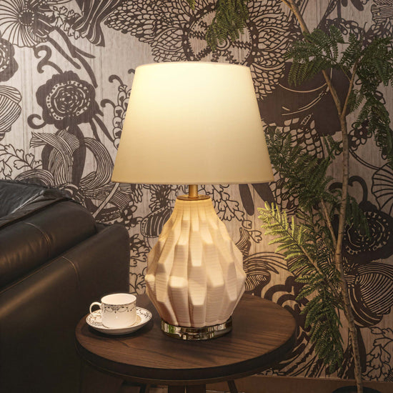3D Pure White Polygonal Textured Ceramic Table Lamp with Fabric Shade