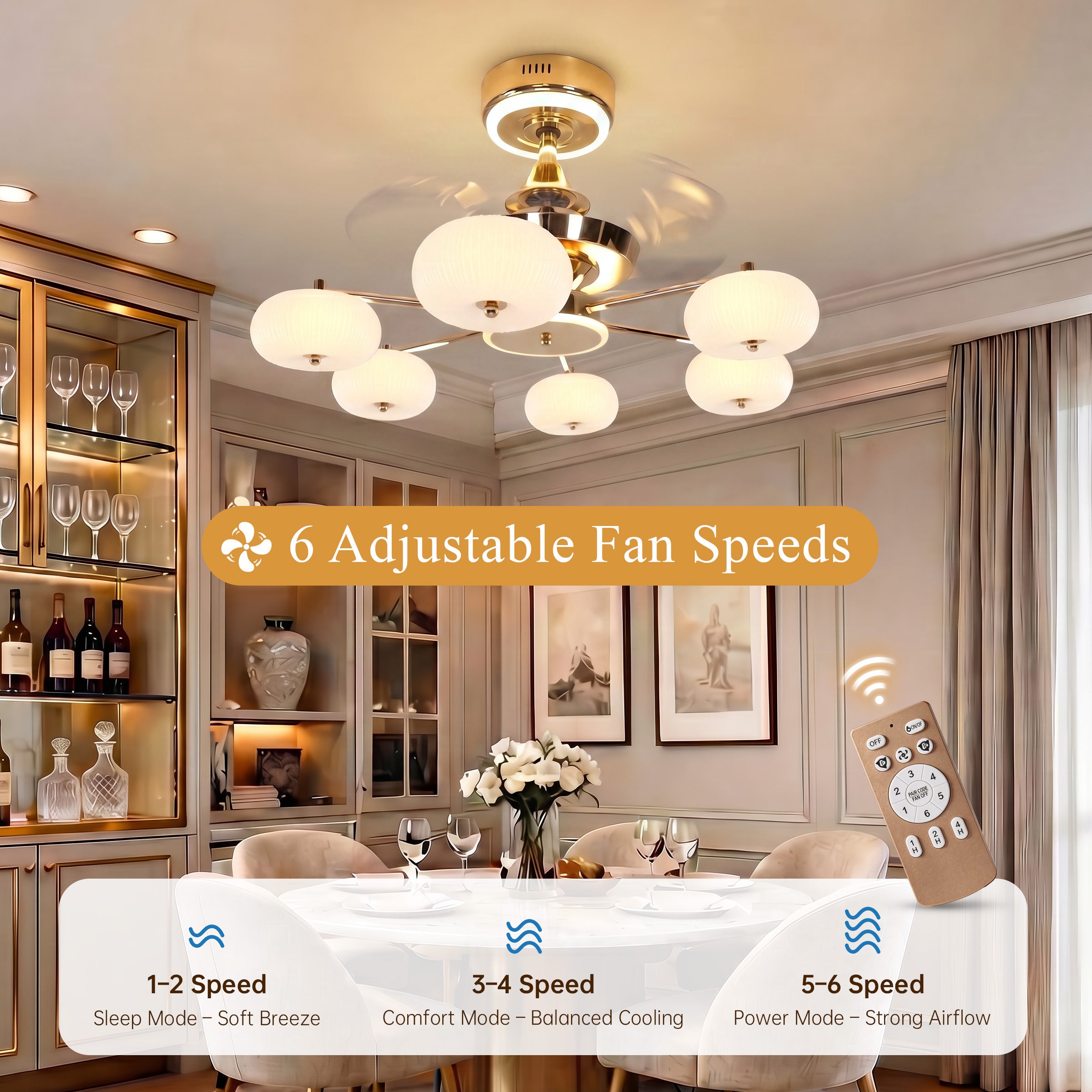 Ceiling Fan Light with 6-Speed Control in Copper and Acrylic