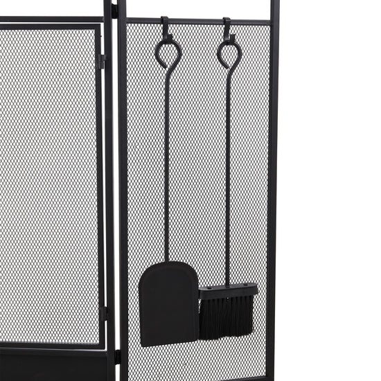 Smallbee Iron Fireplace Screen with 4-Piece Tool Set Black Powder Coated – 122x1.3x80cm