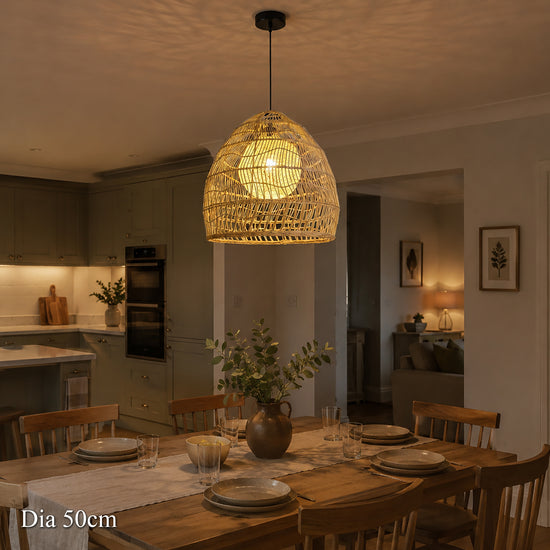 50cm woven rattan pendant light creating warm patterns in a dining room