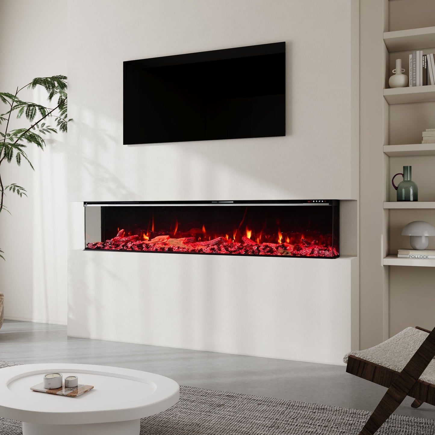 Smallbee 50/60/70/80inch 3-sided Electric Fireplace with Adjustable Color, Temperature and Timing, Controlled by APP