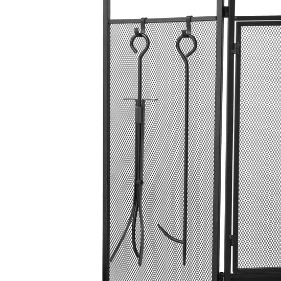Smallbee Iron Fireplace Screen with 4-Piece Tool Set Black Powder Coated – 122x1.3x80cm