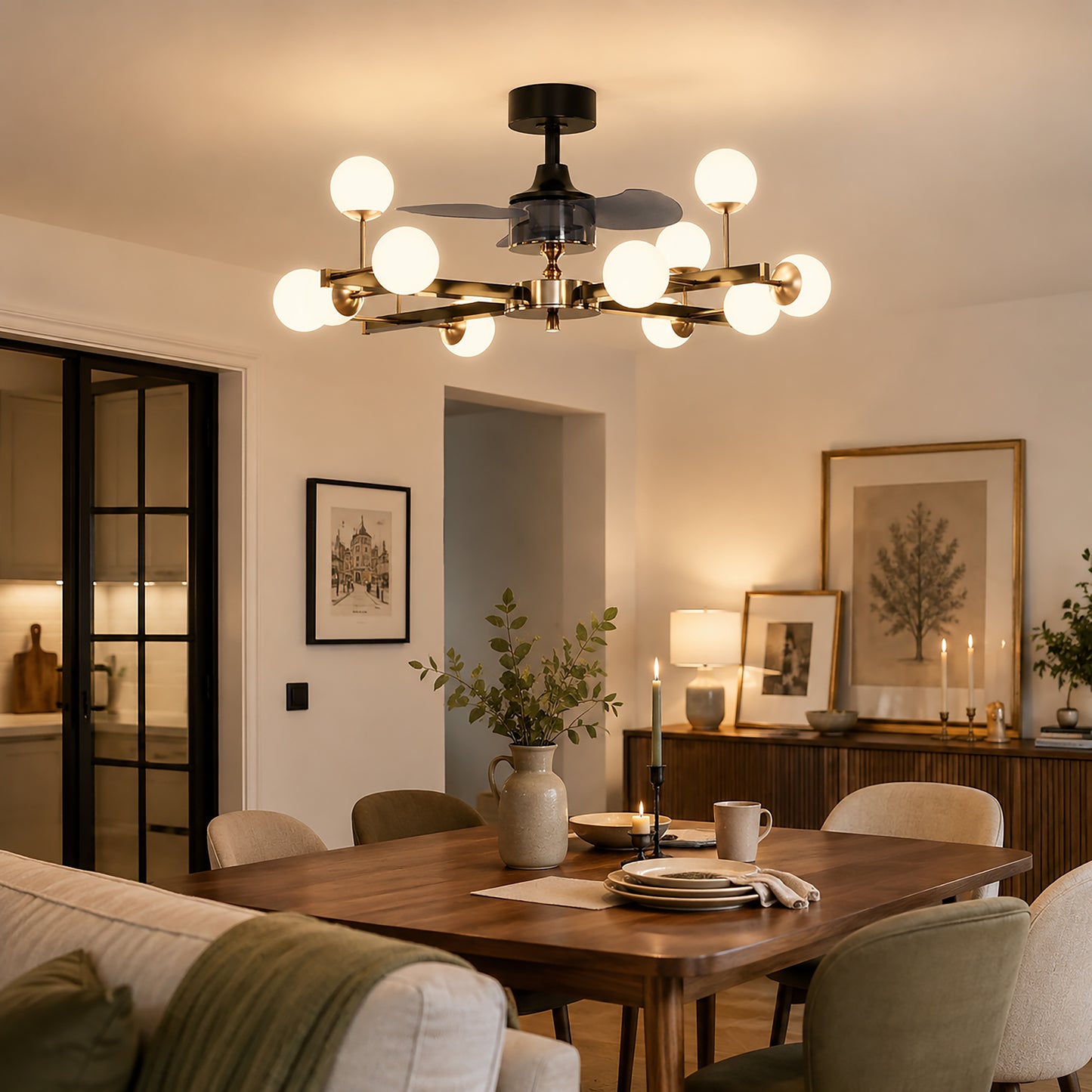 Modern Black & Gold Sphere Finish 3-Blade Ceiling Fan Light with Remote