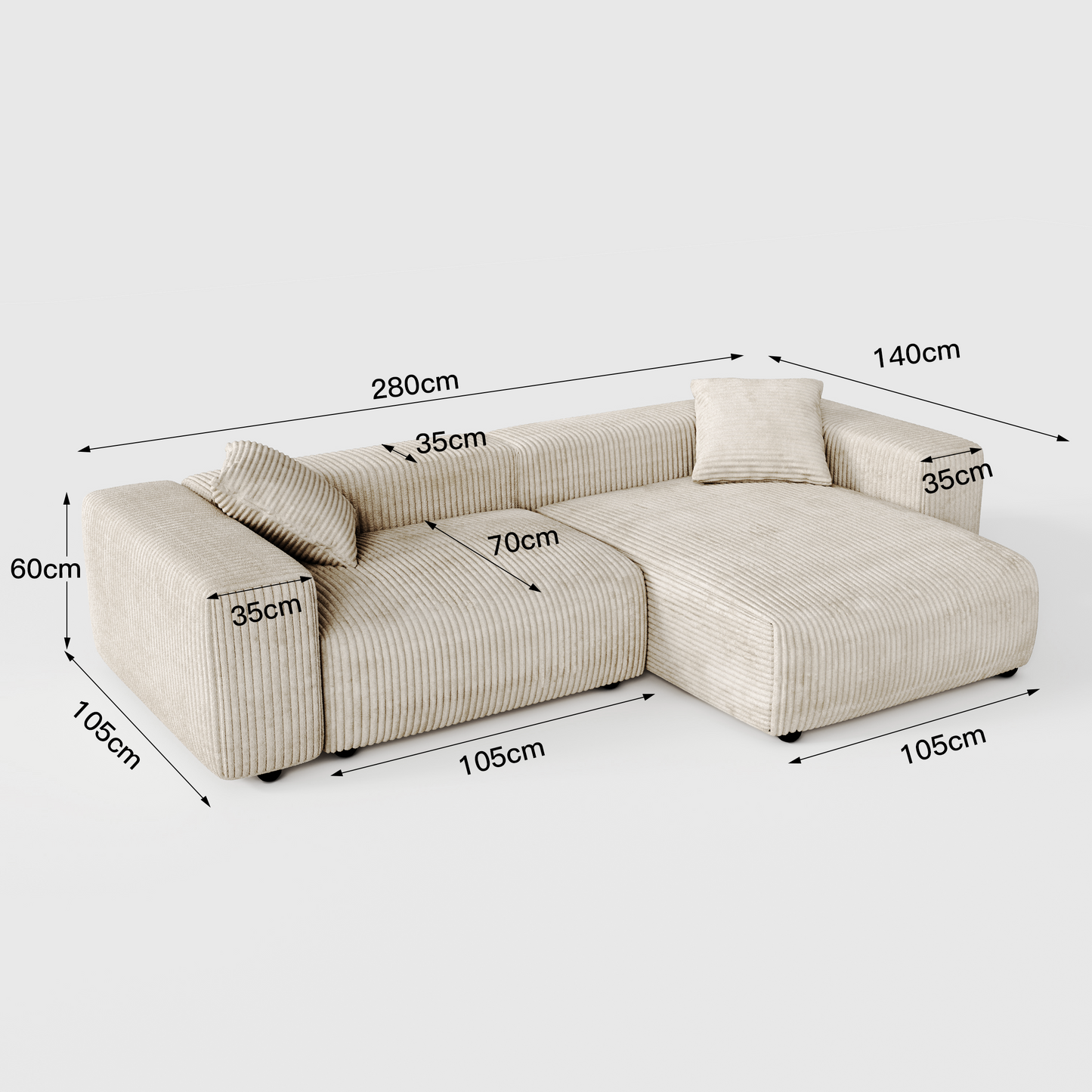 Corduroy Modular Wide Seat Chaise Sofa Block