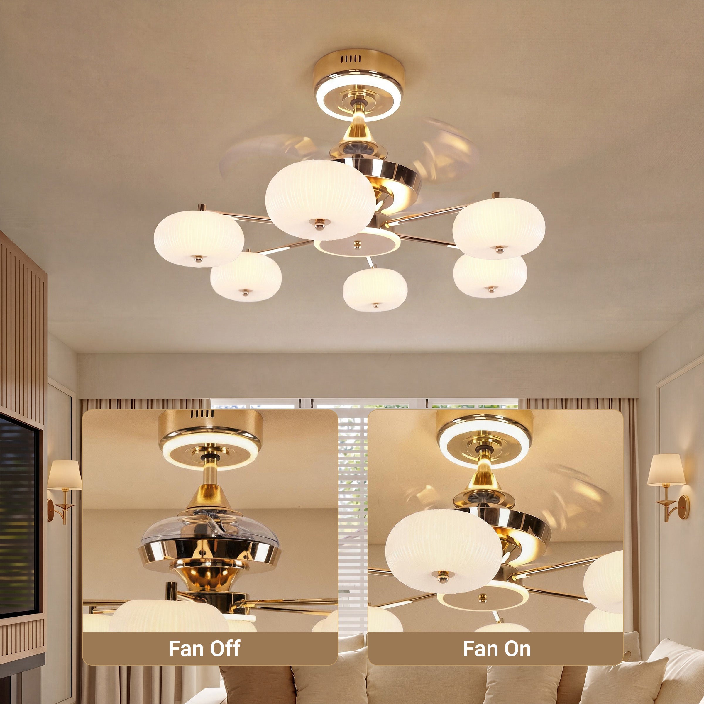 Ceiling Fan Light with 6-Speed Control in Copper and Acrylic